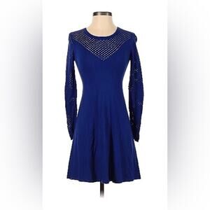 Derhy blue long sleeved mesh detail fit and flare dress, size small